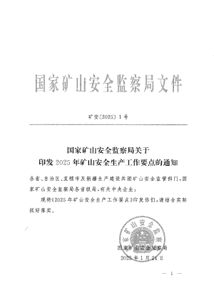 国家矿山安全监察局《关于印发2025年矿山安全生产工作要点的通知》矿安〔2025〕1号