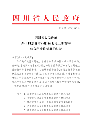 四川省人民政府《关于同意各市(州)征地地上附着物和青苗补偿标准的批复》川府函〔2024〕190号